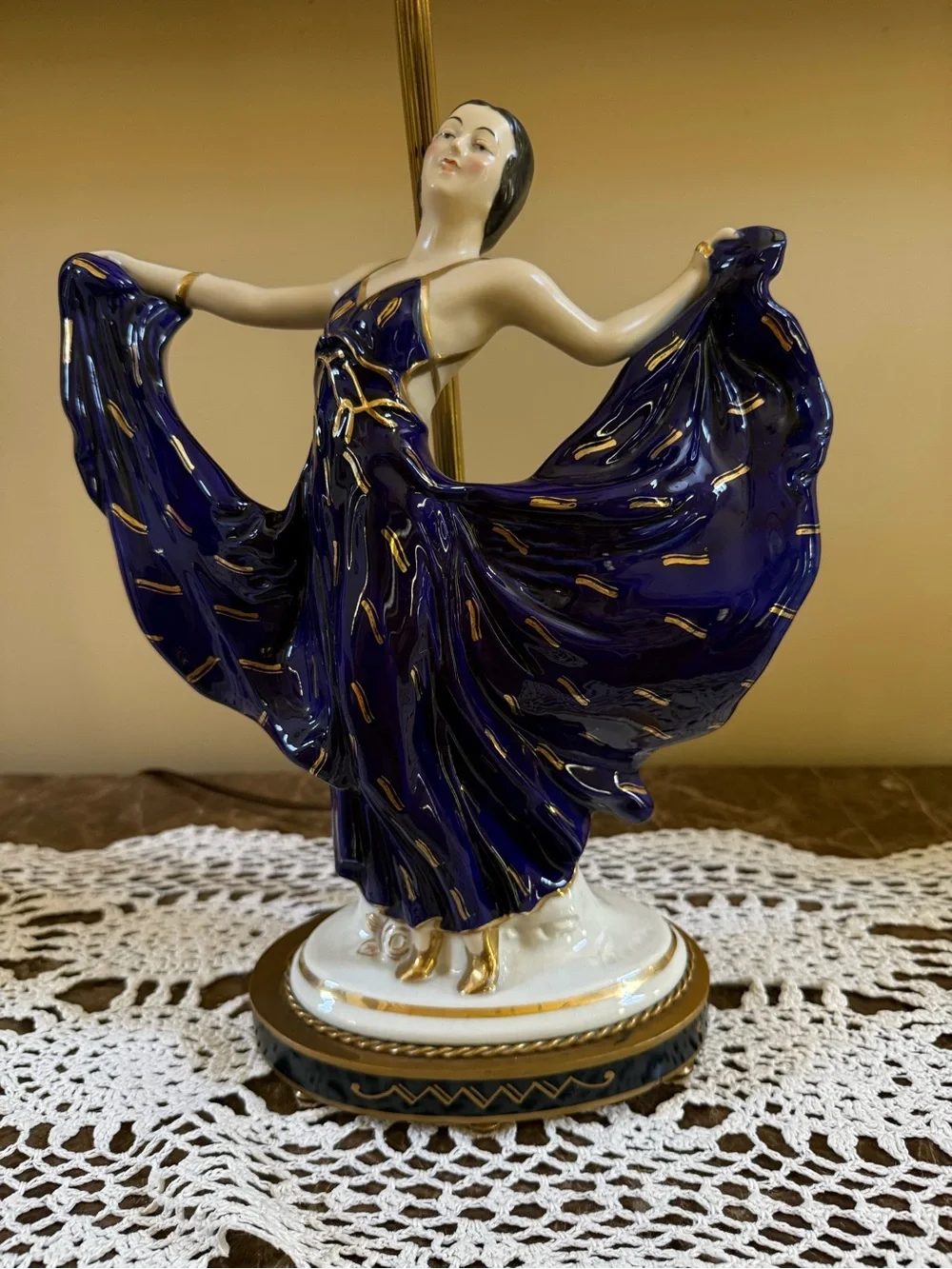 Vintage Art Deco Porcelain Dancing Lady Lamp in Deep Blue and Gold